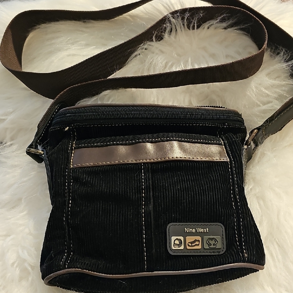 Nine West Black Corduroy Messenger Bag with Brown Trim. Crossbody‎